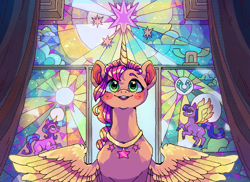 Size: 1100x800 | Tagged: safe, artist:njeekyo, character:sunny starscout, species:alicorn, species:pony, g5, my little pony: a new generation, alicornified, blush sticker, blushing, cute, female, front view, full face view, jewelry, magic horn, magic wings, mare, necklace, open mouth, open smile, race swap, smiling, solo, spread wings, stained glass, sunnybetes, sunnycorn, wings