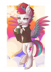 Size: 1240x1754 | Tagged: safe, artist:maxi_ponie, character:zipp storm, species:pegasus, species:pony, g5, my little pony: make your mark, my little pony: tell your tale, clothing, colored hooves, colored wings, cup, drink, drinking, drinking straw, female, flying, hat, hoof hold, hooves, jacket, lidded eyes, mare, multicolored wings, signature, solo, spread wings, tail, unshorn fetlocks, wings