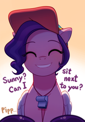 Size: 2272x3220 | Tagged: safe, artist:maren, idw, character:pipp petals, species:pegasus, species:pony, g5, spoiler:comic, ^^, adorapipp, cap, clothing, cute, dialogue, eye clipping through hair, eyebrows, eyebrows visible through hair, eyes closed, female, female pov, front view, full face view, gradient background, happy, hat, implied sunny starscout, mare, my little pony: kenbucky roller derby, offscreen character, offscreen female, open mouth, open smile, pipp wings, pov, smiling, teeth, text, whistle