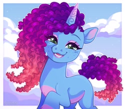 Size: 2000x1750 | Tagged: safe, artist:slushiecafe, character:misty brightdawn, species:pony, species:unicorn, g5, my little pony: make your mark, cloud, coat markings, cute, eyeshadow, freckles, heart eyes, lipstick, looking at you, makeup, mistybetes, raised hoof, rebirth misty, sky, smiling, smiling at you, socks (coat marking), solo, wingding eyes