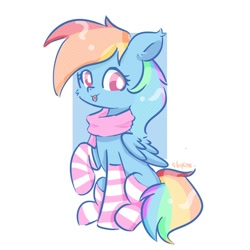 Size: 754x754 | Tagged: safe, artist:skylinepony_, character:rainbow dash, species:pegasus, species:pony, g4, blep, cheek fluff, clothing, cute, dashabetes, female, folded wings, looking at you, mare, raised hoof, scarf, signature, simple background, smiling, smiling at you, socks, solo, striped socks, tongue out, white background, wings