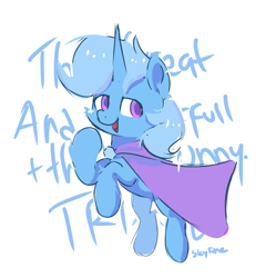 Size: 636x638 | Tagged: safe, artist:skylinepony_, character:trixie, species:pony, species:unicorn, g4, cape, clothing, female, great and powerful, horn, looking at you, mare, open mouth, open smile, raised hoof, signature, simple background, smiling, smiling at you, solo, trixie's cape, white background