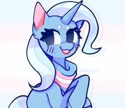 Size: 1410x1214 | Tagged: safe, artist:sillyp0ne, character:trixie, species:pony, species:unicorn, g4, female, horn, looking at you, mare, pride, pride flag, signature, smiling, smiling at you, solo, transgender pride flag