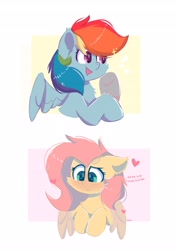 Size: 2896x4096 | Tagged: safe, artist:skylinepony_, character:fluttershy, character:rainbow dash, species:pegasus, species:pony, ship:flutterdash, g4, blushing, cheek fluff, chest fluff, cute, duo, duo female, ear fluff, female, heart, heart eyes, high res, lesbian, looking down, mare, open mouth, open smile, partially open wings, raised hoof, shipping, shy, signature, simple background, smiling, white background, wingding eyes, wings, wings down