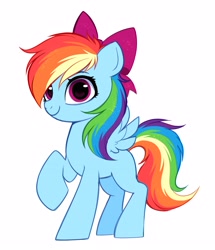 Size: 2773x3227 | Tagged: safe, artist:confetticakez, character:rainbow dash, species:pegasus, species:pony, g4, blank flank, bow, cute, dashabetes, eyebrows, female, filly, filly rainbow dash, hair bow, high res, looking at you, raised hoof, simple background, smiling, smiling at you, solo, spread wings, white background, wings, young, younger