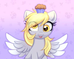 Size: 3123x2470 | Tagged: safe, artist:confetticakez, character:derpy hooves, species:pegasus, species:pony, g4, blep, cute, derpabetes, eye clipping through hair, female, food, gradient background, high res, looking at you, mare, muffin, smiling, smiling at you, solo, spread wings, tongue out, wings