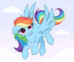 Size: 3110x2585 | Tagged: safe, artist:confetticakez, character:rainbow dash, species:pegasus, species:pony, g4, blep, cloud, cute, dashabetes, female, flying, high res, mare, sky, solo, spread wings, stars, tongue out, wings