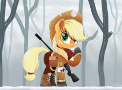 Size: 1536x1134 | Tagged: safe, artist:arediejie, character:applejack, g4, apple family member, bandaged leg, clothing, cool, gun, jacket, knife, lasso, manechat challenge, rifle, saddle bag, snow, solo, tree, weapon, winter