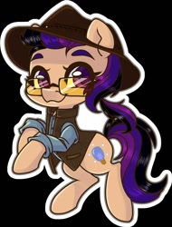 Size: 758x1000 | Tagged: safe, artist:inkkeystudios, oc, oc:fila brightspark, species:earth pony, species:pony, black background, clothing, earth pony oc, glasses, happy, hat, jacket, looking at you, ponytail, rearing, simple background, smiling, solo, standing, vest
