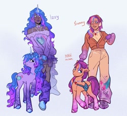 Size: 2419x2217 | Tagged: safe, artist:peachmichea, part of a set, species:earth pony, species:human, species:pony, species:unicorn, g5, my little pony: make your mark, bag, clothing, coat markings, colored hooves, dark skin, female, floppy ears, hooves, humanized, jewelry, mare, necklace, pants, ponidox, profile, raised hoof, satchel, self paradox, self ponidox, simple background, socks (coat marking), species swap, sunny's bag, sweater, text, three quarter view, unshorn fetlocks, white background