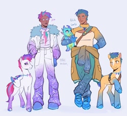 Size: 2419x2217 | Tagged: safe, artist:peachmichea, part of a set, character:hitch trailblazer, character:sparky sparkeroni, character:zipp storm, species:dragon, species:earth pony, species:human, species:pegasus, species:pony, g5, blaze (coat marking), clothing, coat markings, colored hooves, female, hooves, humanized, jacket, jewelry, looking at each other, looking at someone, male, mare, necklace, pants, raised hoof, shirt, simple background, socks (coat marking), species swap, stallion, text, unshorn fetlocks, white background