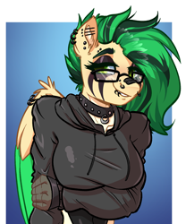 Size: 1376x1652 | Tagged: safe, artist:witchtaunter, species:anthro, awkward, clothing, collar, commission, ear piercing, earring, hoodie, jewelry, piercing, piercings, shy, smiling