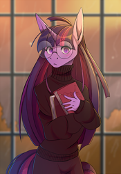 Size: 1721x2464 | Tagged: safe, artist:lambibelle, character:twilight sparkle, species:anthro, species:unicorn, g4, adorasexy, adorkable, adorkasexy, blushing, book, clothing, cute, dork, eye clipping through hair, eyebrows, eyebrows visible through hair, eyelashes, female, glasses, looking at you, mare, meganekko, nerd, round glasses, sexy, solo, sparkly eyes, sweater, turtleneck, twiabetes, wingding eyes