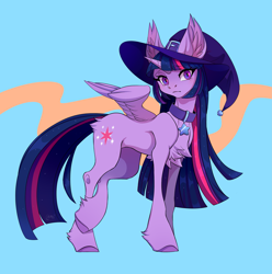 Size: 3097x3125 | Tagged: safe, artist:lambibelle, character:twilight sparkle, character:twilight sparkle (alicorn), species:alicorn, species:pony, g4, big ears, blue background, chest fluff, clothing, collar, colored hooves, concave belly, ear fluff, female, hat, high res, hooves, looking at you, mare, raised hoof, raised leg, simple background, slender, solo, sternocleidomastoid, thin, unshorn fetlocks, wings, witch hat