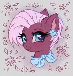 Size: 1508x1561 | Tagged: safe, artist:confetticakez, character:jasmine leaf, species:earth pony, species:pony, g4, abstract background, bust, cute, ear fluff, ear piercing, earring, eyebrows, eyelashes, female, jasminebetes, jewelry, looking at you, mare, piercing, portrait, smiling, solo