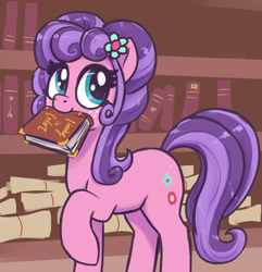 Size: 1970x2040 | Tagged: safe, artist:t72b, derpibooru original, character:petunia petals, species:earth pony, species:pony, friendship is magic: rainbow roadtrip, g4, my little pony: friendship is magic, book, bookshelf, cute, female, flower, flower in hair, high res, holding, mare, mouth hold, petalbetes, raised hoof, scroll, solo