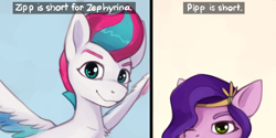Size: 1642x821 | Tagged: safe, artist:marsminer, derpibooru original, character:pipp petals, character:zipp storm, species:pegasus, species:pony, g5, adorapipp, adorazipp, circlet, colored eyebrows, cute, duo, duo female, eyebrows, female, looking at you, mare, pipp is small, pipp petals is not amused, pipp wings, pun, royal sisters (g5), siblings, simple background, sisters, smiling, smiling at you, smol, spread wings, text, unamused, wings