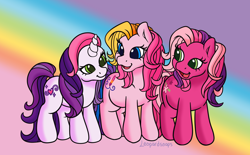 Size: 2900x1800 | Tagged: safe, artist:leopardsnaps, character:cheerilee (g3), character:sweetie belle (g3), character:toola roola, species:earth pony, species:pony, species:unicorn, g3, looking at each other, looking at someone, open mouth, rainbow, rainbow background, smiling, trio