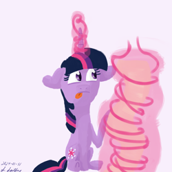 Size: 2480x2480 | Tagged: safe, artist:supermarine_spitfire, manebooru original, character:twilight sparkle, blep, food, glowing horn, horn, magic, manechat challenge, pancakes, solo, tongue out