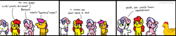 Size: 1591x334 | Tagged: safe, artist:leopardsnaps, character:apple bloom, character:diamond tiara, character:scootaloo, character:sweetie belle, species:bird, species:chicken, species:dog, species:earth pony, species:pegasus, species:pony, species:unicorn, g4, apple family member, comic, comic strip, cutie mark crusaders, dialogue, female, filly, funny, puppy, simple background, text, vulgar, young