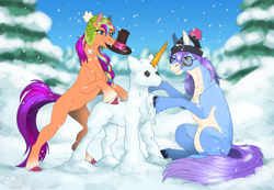 Size: 1600x1104 | Tagged: safe, artist:sunny way, character:sunny starscout, oc, species:earth pony, species:pony, g5, my little pony: make your mark, art, artwork, bipedal, bipedal leaning, carrot, clothing, coat markings, colored hooves, commission, cute, digital art, duo, earth pony oc, female, feral, finished commission, food, happy, hat, holding, hooves, leaning, male, mane stripe sunny, mare, mouth hold, sitting, snow, snowpony, socks (coat marking), stallion, sunnybetes, unshorn fetlocks, winter