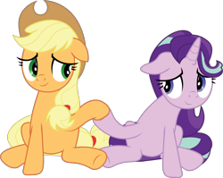 Size: 1736x1382 | Tagged: safe, artist:prixy05, derpibooru original, character:applejack, character:starlight glimmer, species:earth pony, species:pony, species:unicorn, g4, apple family member, cute, digital art, duo, duo female, female, glimmerbetes, glimmerjack, holding hooves, jackabetes, lesbian, mare, shipping, simple background, transparent background, vector