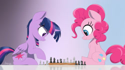 Size: 2000x1120 | Tagged: safe, artist:arediejie, character:pinkie pie, character:twilight sparkle, character:twilight sparkle (alicorn), species:alicorn, g4, chess, competent chess player pinkie pie, frown, manechat challenge, smiling