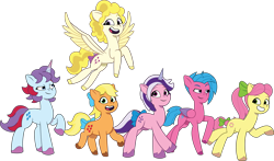 Size: 3280x1932 | Tagged: safe, artist:prixy05, character:applejack (g1), character:posey bloom, character:sparkler (g1), character:surprise, species:earth pony, species:pegasus, species:pony, species:unicorn, g1, g4, g5, my little pony: tell your tale, bow, digital art, diverse body types, female, firefly, g1 six, g1 to g5, generation leap, height difference, horn, mare, physique difference, simple background, tail, tail bow, transparent background, twilight, vector