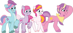 Size: 2465x1129 | Tagged: safe, artist:prixy05, species:earth pony, species:pony, g2, g5, my little pony: tell your tale, colored hooves, core four, digital art, diverse body types, female, g2 to g5, generation leap, height difference, hooves, ivy, light heart, mare, physique difference, raised hoof, simple background, smiling, sundance (g2), sunsparkle, sweet berry, transparent background, unshorn fetlocks, vector