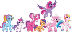 Size: 4058x1858 | Tagged: safe, artist:prixy05, character:cheerilee (g3), character:pinkie pie (g3), character:rainbow dash (g3), character:scootaloo (g3), character:starsong, character:sweetie belle (g3), character:toola roola (g3), species:earth pony, species:pegasus, species:pony, species:unicorn, g3, g5, my little pony: tell your tale, colored hooves, colored wings, core seven, digital art, diverse body types, female, filly, flying, foal, g3 to g5, generation leap, height difference, hooves, horn, mare, multicolored wings, physique difference, raised hoof, raised leg, simple background, spread wings, standing on two hooves, transparent background, unshorn fetlocks, vector, wings, young