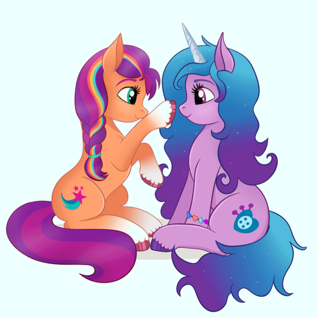 Size: 640x640 | Tagged: safe, artist:szafir87, character:izzy moonbow, character:sunny starscout, species:earth pony, species:pony, species:unicorn, ship:starbow, g5, my little pony: make your mark, animated, blinking, boop, bracelet, braid, braided ponytail, coat markings, colored eyebrows, colored hooves, cute, dawwww, eyebrows, female, friendship bracelet, gif, gradient hair, hooves, izzybetes, jewelry, lesbian, looking at each other, looking at someone, mane stripe sunny, mare, multicolored hair, physique difference, ponytail, profile, shipping, side view, simple background, sitting, smiling, socks (coat marking), sunnybetes, unshorn fetlocks, weapons-grade cute, white background