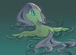 Size: 1379x1000 | Tagged: safe, artist:melodylibris, character:fluttershy, species:pegasus, species:pony, g4, cute, feather, female, floppy ears, flowing mane, flowing tail, lake, looking back, looking up, mare, partially submerged, profile, shyabetes, solo, spread wings, swimming, tail, water, wet, wet mane, wings
