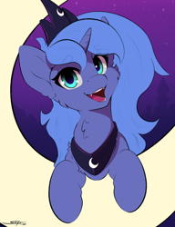 Size: 2000x2600 | Tagged: safe, artist:skitsroom, character:princess luna, species:alicorn, species:pony, g4, crown, cute, cute little fangs, fangs, female, jewelry, looking at you, lunabetes, mare, moon, necklace, open mouth, open smile, peytral, regalia, s1 luna, sharp teeth, signature, smiling, smiling at you, solo, stars, tangible heavenly object