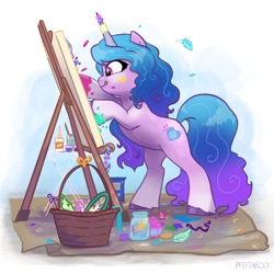 Size: 2048x2048 | Tagged: safe, artist:pfeffaroo, character:izzy moonbow, species:pony, species:unicorn, g5, :q, basket, canvas, cute, cutie mark, easel, female, glitter, gradient hair, high res, hoof painting, horn, izzybetes, mare, multicolored hair, paint, painting, rearing, solo, tongue out, unshorn fetlocks