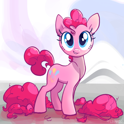 Size: 2048x2048 | Tagged: safe, artist:pfeffaroo, character:pinkie pie, species:earth pony, species:pony, g4, alternate hairstyle, cute, diapinkes, female, haircut, high res, looking at you, mare, short hair, short tail, signature, smiling, smiling at you, solo, tail