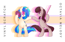 Size: 5950x3850 | Tagged: safe, artist:kissurai, artist:pekou, character:dj pon-3, character:octavia melody, character:vinyl scratch, species:earth pony, species:pony, species:unicorn, g4, absurd resolution, belly, bipedal, bow (instrument), bow tie, clothing, duo, duo female, eyebrows, eyebrows visible through hair, female, hoof hold, horn, looking at each other, looking at someone, mare, musical instrument, open mouth, open smile, profile, record, smiling, smiling at each other, sunglasses, vinyl's glasses