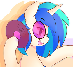 Size: 1563x1427 | Tagged: safe, artist:kissurai, artist:pekou, character:dj pon-3, character:vinyl scratch, species:pony, species:unicorn, g4, eyebrows, eyebrows visible through hair, female, horn, juxtaposition bait, mare, open mouth, open smile, profile, record, smiling, solo, vinyl's glasses
