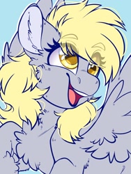 Size: 1536x2048 | Tagged: safe, artist:haywaiianhorse, character:derpy hooves, species:pegasus, species:pony, g4, cheek fluff, chest fluff, cute, derpabetes, ear fluff, eye clipping through hair, eyebrows, eyebrows visible through hair, female, fluffy, mare, open mouth, open smile, simple background, smiling, solo, spread wings, wings