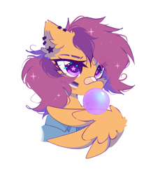 Size: 1653x1887 | Tagged: safe, artist:mirtash, character:scootaloo, species:pegasus, species:pony, g4, bandage, bandaid, bandaid on nose, blowing, bubblegum, candy, colored eyebrows, ear fluff, ear piercing, earring, eyebrows, female, food, gum, jewelry, mare, nonbinary pride flag, older, older scootaloo, piercing, pride, pride flag, simple background, solo, starry eyes, white background, wingding eyes, wings