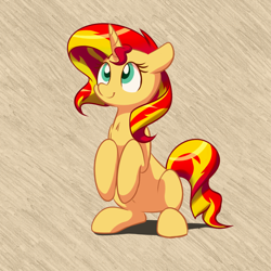 Size: 1280x1280 | Tagged: safe, artist:acersiii, artist:blujetink, character:sunset shimmer, species:pony, species:unicorn, g4, my little pony:equestria girls, begging, colored pupils, cute, female, hooves to the chest, horn, looking up, mare, shimmerbetes, sitting, smiling, solo, stray strand