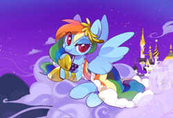 Size: 1748x1193 | Tagged: safe, artist:lemonheart, character:rainbow dash, species:pegasus, species:pony, episode:the best night ever, g4, my little pony: friendship is magic, canterlot, canterlot castle, castle, clothing, cloud, commission, cute, dashabetes, dress, female, gala dress, gown, jewelry, looking at you, mare, necklace, rainbow, rainbow dash always dresses in style, rainbow dash's first gala dress, scene interpretation, sky, smiling, smiling at you, solo, spread wings, stars, wings