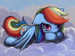 Size: 2000x1500 | Tagged: safe, artist:zokkili, character:rainbow dash, species:pegasus, species:pony, g4, backwards cutie mark, cloud, cute, cutie mark, dashabetes, female, floppy ears, looking at you, lying down, lying on a cloud, mare, on a cloud, outdoors, prone, sky, solo, spread wings, wings, wings down