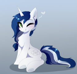 Size: 3089x2968 | Tagged: safe, artist:magnaluna, oc, oc only, oc:muffinkarton, species:pony, species:unicorn, blushing, chest fluff, eye clipping through hair, eyebrows, eyebrows visible through hair, female, gradient background, heart, high res, horn, looking at you, mare, one eye closed, sitting, smiling, smiling at you, solo, underhoof, unicorn oc, wink, winking at you