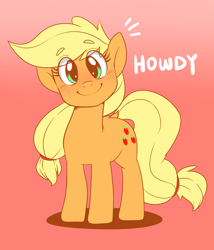 Size: 3000x3500 | Tagged: safe, artist:celine-artnsfw, character:applejack, species:earth pony, species:pony, g4, apple family member, cute, dialogue, emanata, eye clipping through hair, female, freckles, gradient background, happy, hatless, high res, howdy, jackabetes, looking at you, mare, missing accessory, smiling, smiling at you, solo