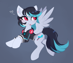 Size: 3333x2864 | Tagged: safe, artist:magnaluna, oc, oc only, species:pegasus, species:pony, blue background, blushing, clothing, cute, eye clipping through hair, eyebrows, eyebrows visible through hair, female, headphones, heart, high res, hoodie, mare, pegasus oc, simple background, solo, spread wings, tongue out, wings