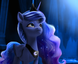 Size: 1945x1604 | Tagged: safe, artist:nightstellarswirls, character:princess luna, species:alicorn, species:pony, g4, g5, my little pony: a new generation, blurred background, chestplate, colored wings, crown, cute, diadem, ethereal mane, female, g4 to g5, generation leap, jewelry, looking up, lunabetes, mare, multicolored wings, necklace, peytral, regalia, solo, tail, tiara, two toned wings, wings