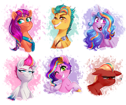 Size: 1957x1633 | Tagged: safe, artist:soniana252, character:hitch trailblazer, character:izzy moonbow, character:pipp petals, character:sprout, character:sunny starscout, character:zipp storm, species:earth pony, species:pegasus, species:pony, species:unicorn, g5, my little pony: a new generation, blaze (coat marking), chest fluff, coat markings, colored eyebrows, ear piercing, eye clipping through hair, eyebrows, eyebrows visible through hair, female, floppy ears, fluttershy's cutie mark, gradient hair, grumpy, happy, headband, heart tongue, jewelry, male, mane five, mane g5, mane stripe sunny, mare, multicolored hair, new mane six (g5), one eye closed, one of these things is not like the others, open mouth, open smile, piercing, pipp wings, rainbow dash's cutie mark, rainbow streak, smiling, sprout is not amused, sprout joins the mane five, stallion, teeth, tiara, twilight sparkle's cutie mark, unamused, unshorn fetlocks, wings