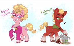 Size: 4590x2908 | Tagged: safe, artist:soniana252, character:phyllis cloverleaf, character:sprout, species:earth pony, species:pony, fanfic:a sprout to a better path, g5, my little pony: a new generation, alternate universe, badge, bandana, clothing, coat markings, colored hooves, duo, duo male and female, fanfic art, female, gardening, glasses, grin, heart, heart eyes, hooves, jacket, jewelry, lidded eyes, looking at you, looking down, male, mare, music notes, necklace, pearl necklace, pursed lips, raised hoof, sheriff's badge, smiling, smiling at you, socks (coat marking), stallion, tail, text, unshorn fetlocks, watering can, whistling, wingding eyes