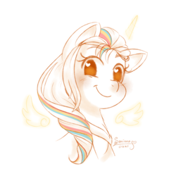 Size: 1400x1400 | Tagged: safe, artist:soniana252, part of a set, character:sunny starscout, species:alicorn, species:pony, g5, my little pony: a new generation, alicornified, bust, cute, floating wings, heart, heart eyes, looking at you, magic horn, magic wings, mane stripe sunny, multicolored hair, portrait, race swap, rainbow hair, signature, simple background, smiling, smiling at you, sunnybetes, sunnycorn, white background, wingding eyes, wings