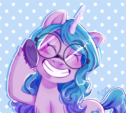 Size: 1218x1094 | Tagged: safe, artist:soniana252, part of a set, character:izzy moonbow, species:pony, species:unicorn, g5, my little pony: a new generation, ^^, adorkable, colored eyebrows, colored hooves, cute, dork, eyebrows, eyebrows visible through hair, eyes closed, female, front view, full face view, glasses, gradient hair, grin, hoof heart, hooves, horn, izzybetes, mare, multicolored hair, polka dot background, signature, smiling, solo, underhoof, unshorn fetlocks